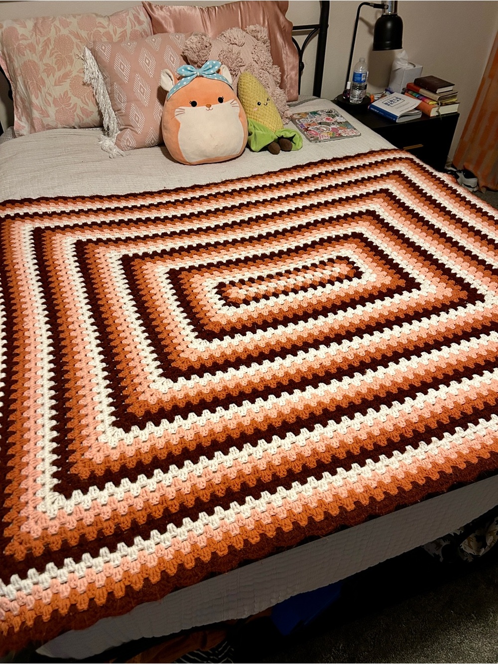 Handmade Granny Square Crochet Blanket in Peach, Cream, Rust, & Brown Colors